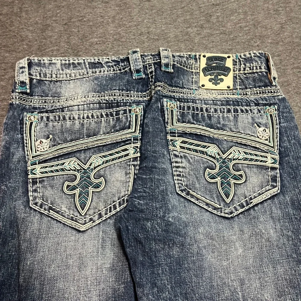 Rock Revival Rondel Straight Jeans Mens 36x33 Blue Acid Wash Embroidered Teal
